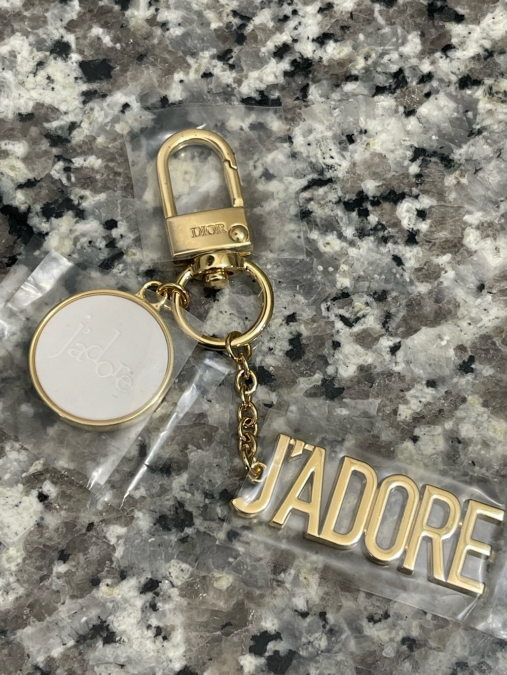 Dior Gold and White J'ADORE Letter Charm Keychain